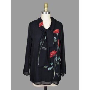 CAROL PATTERSON VINTAGE SILK ROSE SCARF-DETAIL BLOUSE TUNIC